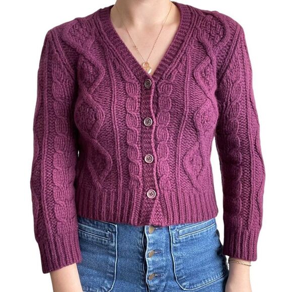 J Crew Womens Purple Chunky Cable Knit Alpaca Wool Blend Cardigan Sz XS - Picture 7 of 9